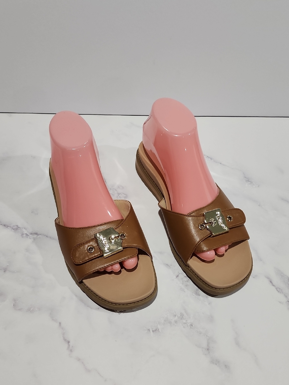 Dr Scholls Brown  Slide Sandals with Gold Buckle